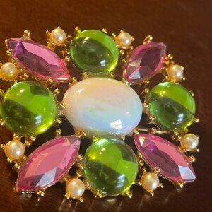 Vintage 1960's Green and Pink Rhinestone and Goldtone Brooch/Pendant